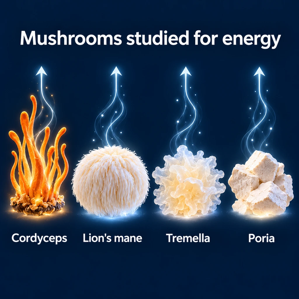 Infographic: cordyceps, lion's mane, tremella and poria