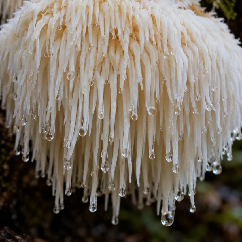 Lion's mane's cascading white strands