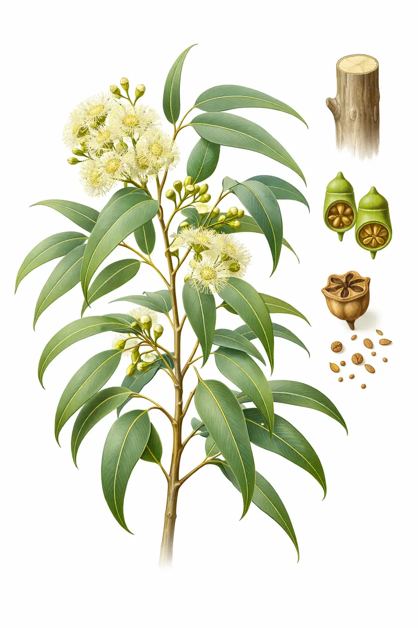 Botanical illustration of Eucalyptus globulus showing a branch with lance-shaped leaves, cream-colored flower clusters, seed capsules in cross-section, and seeds