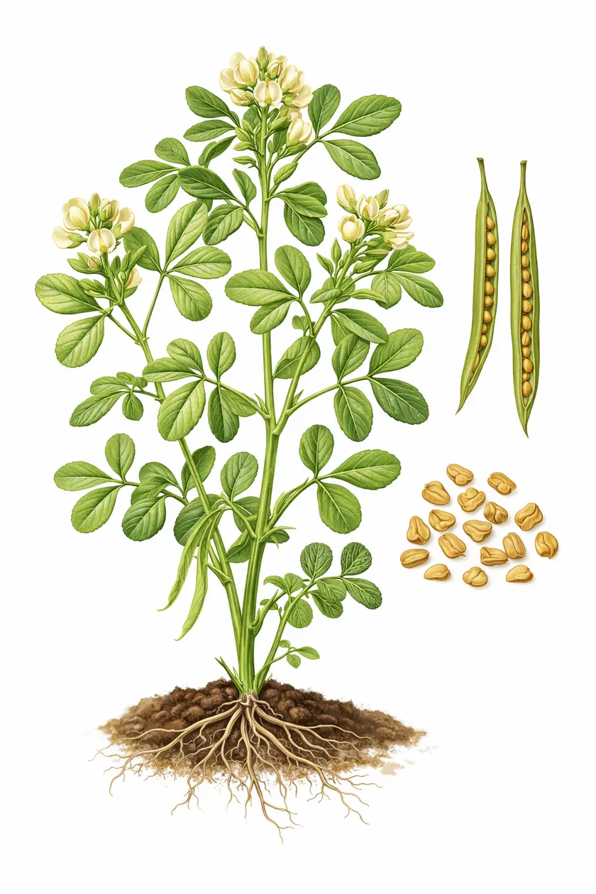 Botanical illustration of Trigonella foenum-graecum (fenugreek) showing the full plant with roots, trifoliate leaves, white flowers, seed pods, and golden seeds