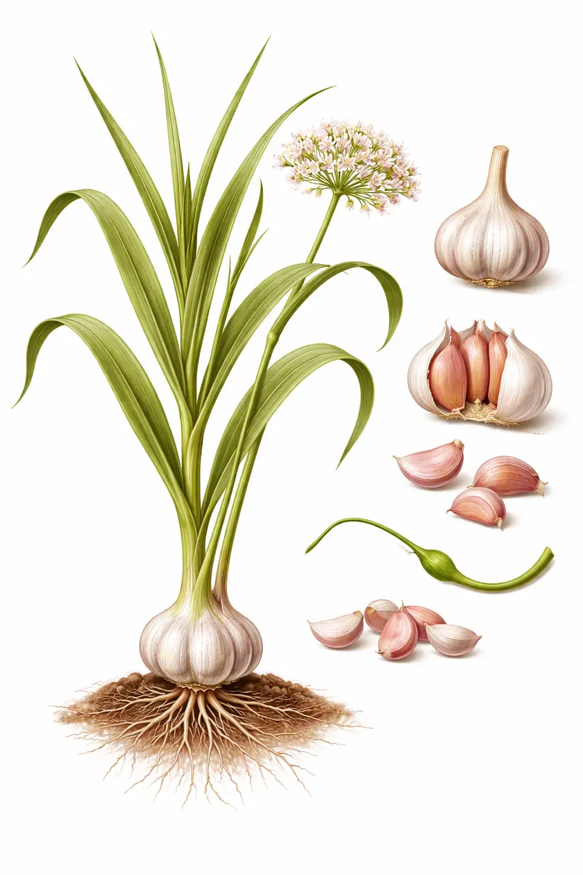 Botanical illustration of Allium sativum (garlic) showing the full plant with roots and bulb, long leaves, flower umbel, whole bulb, separated cloves, and scape