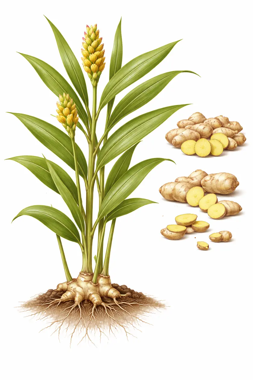Botanical illustration of Zingiber officinale (ginger) showing the plant with long leaves, flower spike, rhizome with roots, and sliced ginger root