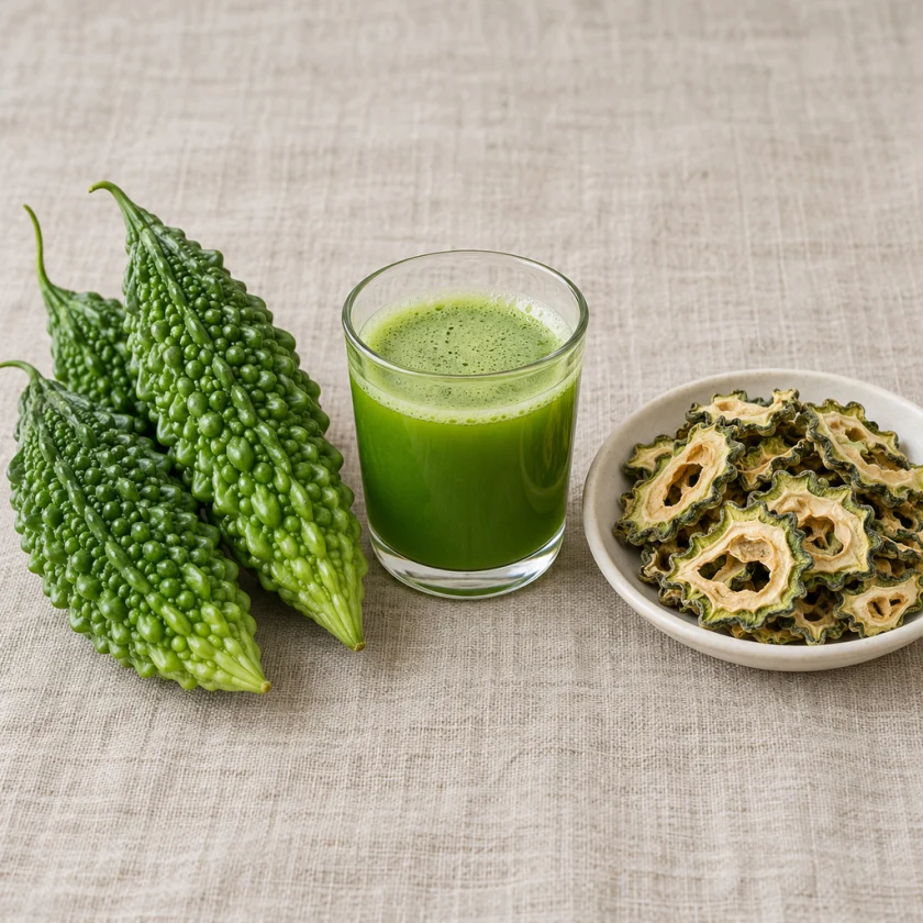 Fresh bitter melons, a glass of green juice and a dish of dried bitter melon slices