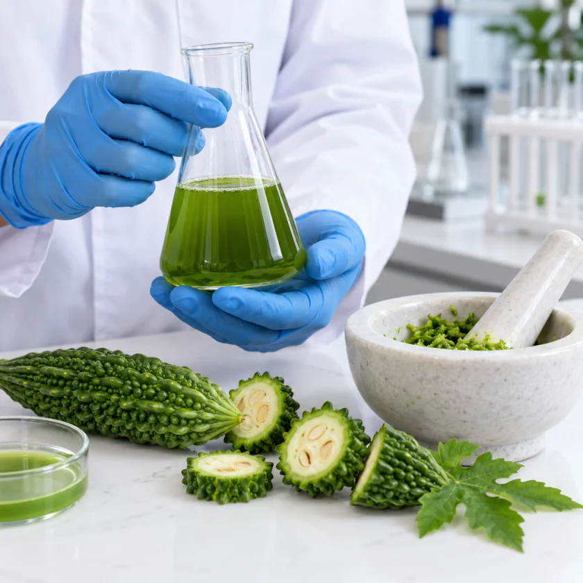 Gloved hands holding a flask of green bitter melon extract beside fresh fruit and a mortar
