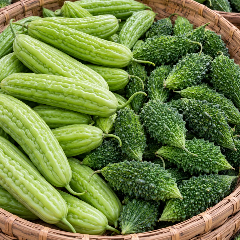 Baskets of long pale-green and short dark-green spiky bitter melons at a market