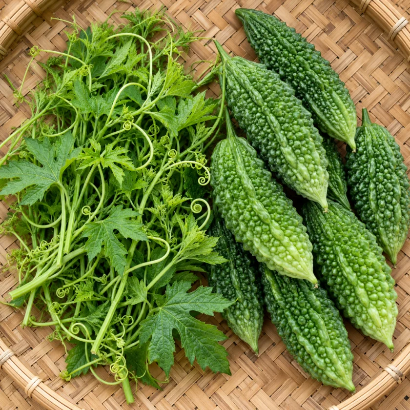 Bitter melon leafy shoot tips beside raw green pods on a bamboo tray