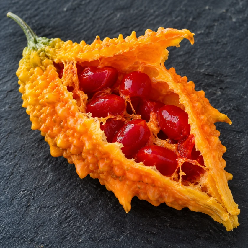 Ripe orange bitter melon split open showing seeds in red arils
