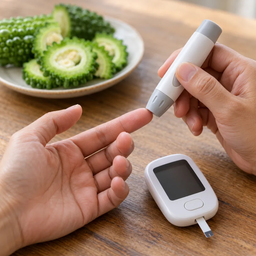 Hands using a glucose meter with slices of bitter melon in the background