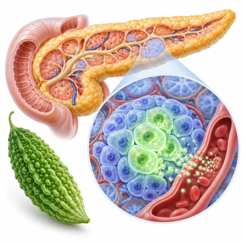Illustration of a pancreas with an inset islet of insulin-releasing beta cells and a bitter melon