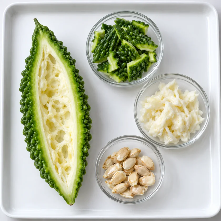 Bitter melon separated into rind, pith and seeds in glass dishes on a white tray