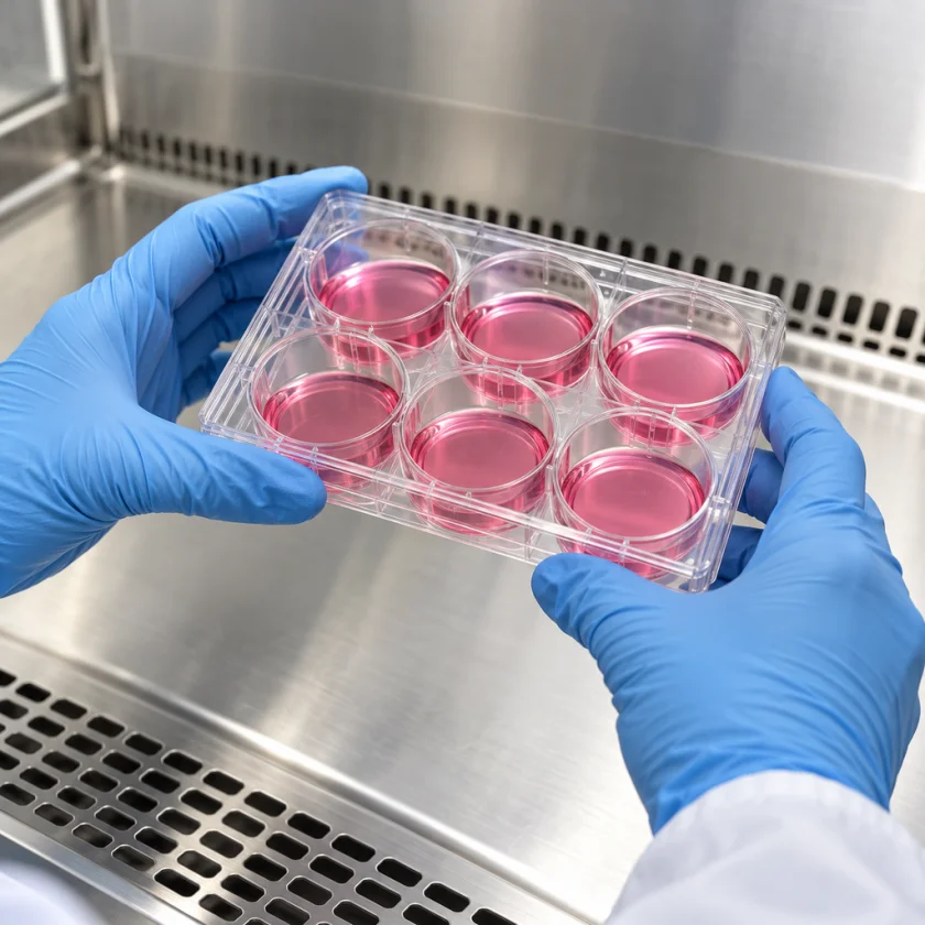 Gloved hands holding a multi-well cell culture plate with pink medium