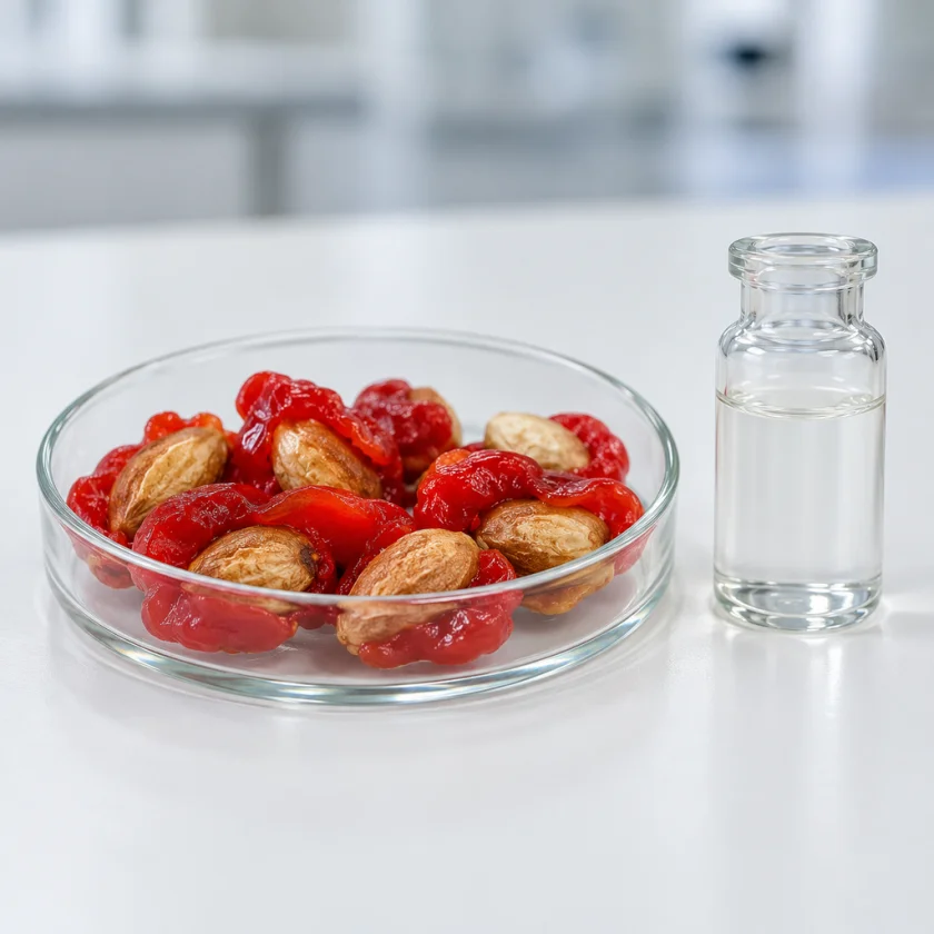 Bitter melon seeds with red arils in a petri dish beside a vial of extract
