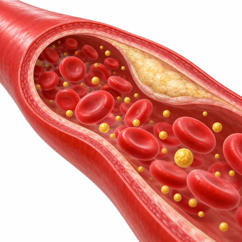 Illustration of an artery with lipoprotein particles among red blood cells