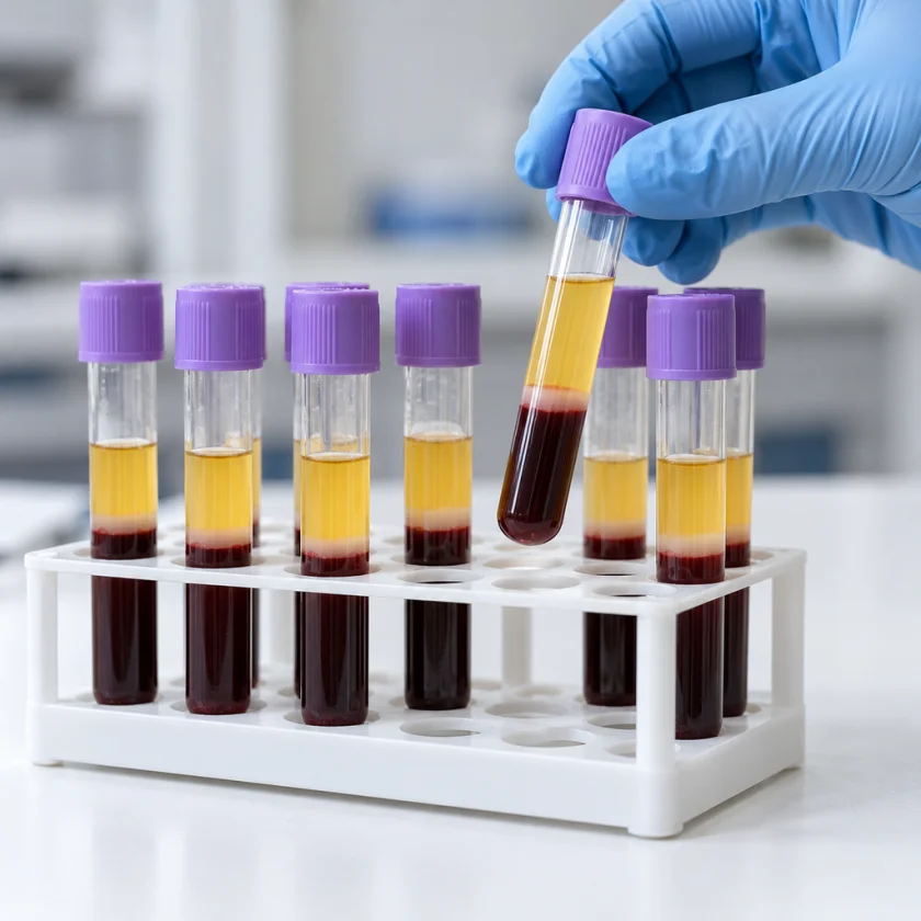 Centrifuged blood tubes with pale plasma above red cells, held by a gloved hand