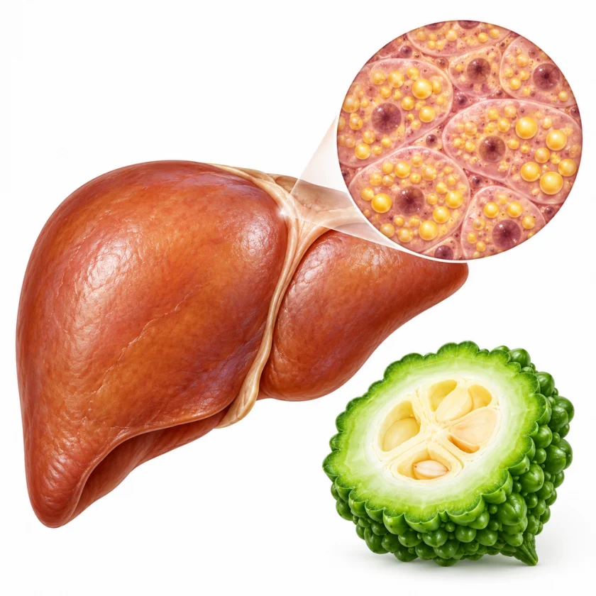 Illustration of a liver with an inset of liver cells holding fat droplets