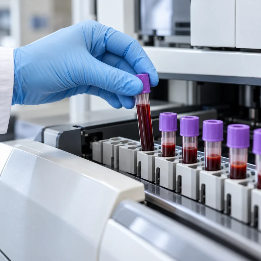 Gloved hand placing a blood sample tube into a laboratory analyzer tray