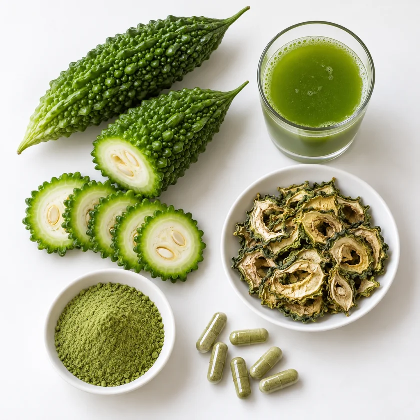 Fresh bitter melon, juice, dried slices, green powder and capsules on a white table