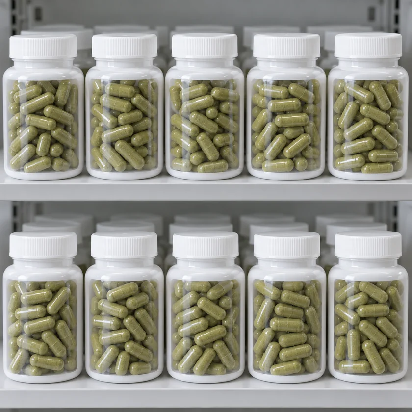 Rows of identical unlabelled capsule bottles with green and white capsules