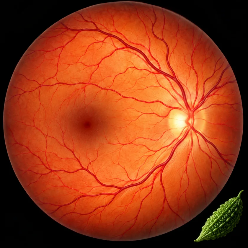 Illustration of the retina with branching blood vessels around the optic disc