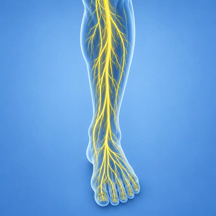 Illustration of the nerves of the lower leg and foot drawn as glowing branching lines