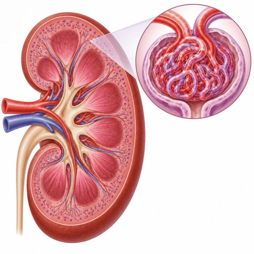 Illustration of a kidney cross-section with an inset glomerulus