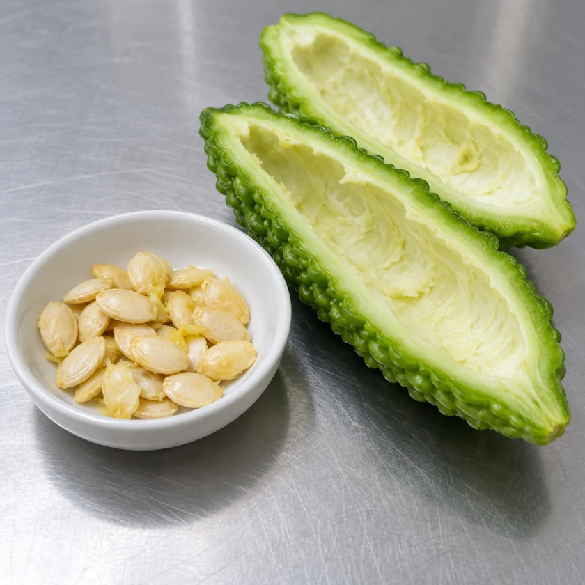 Bitter melon seeds in a white dish beside a halved fruit with its seeds removed