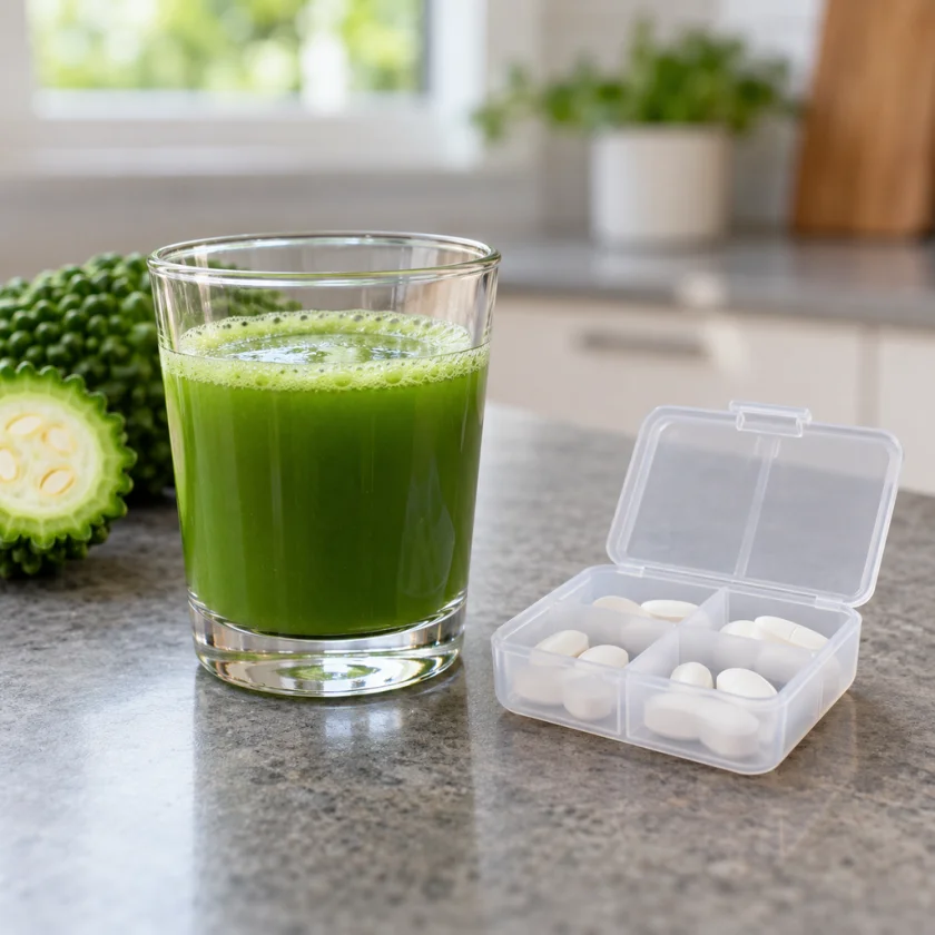 Glass of green bitter melon juice beside a pill organizer with plain tablets