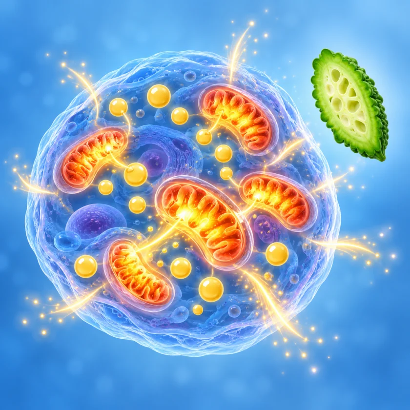 Illustration of a cell with mitochondria burning fat droplets beside a bitter melon slice