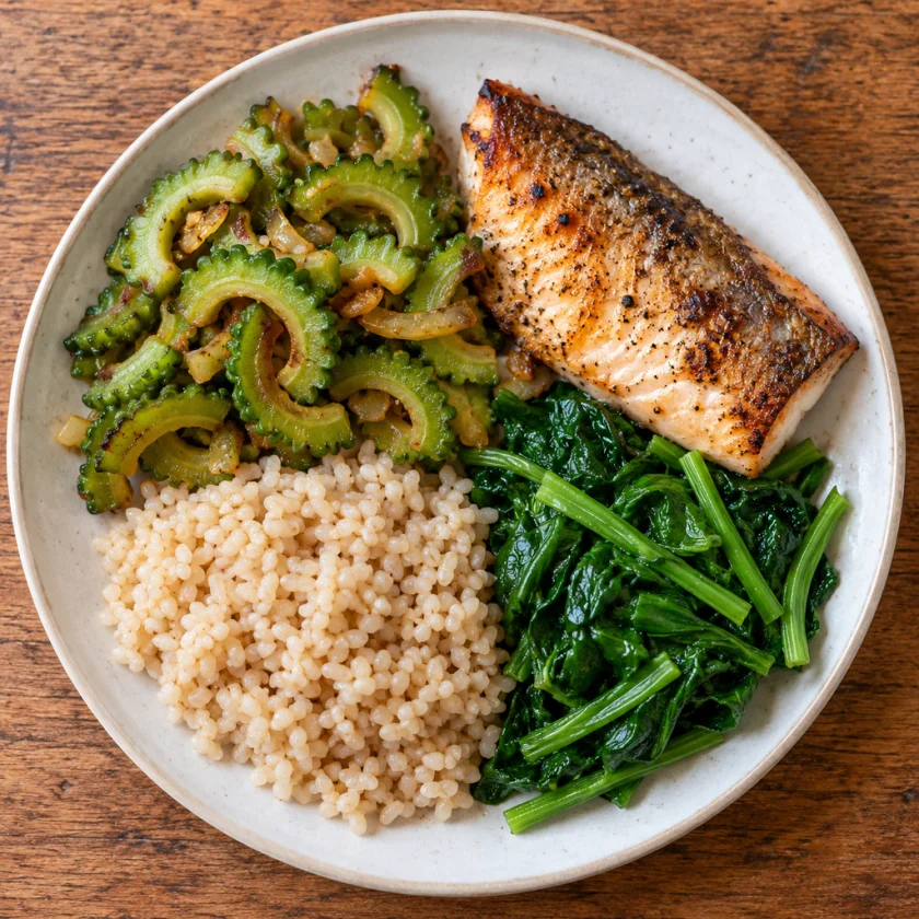 Plate with sauteed bitter melon, brown rice, grilled fish and greens