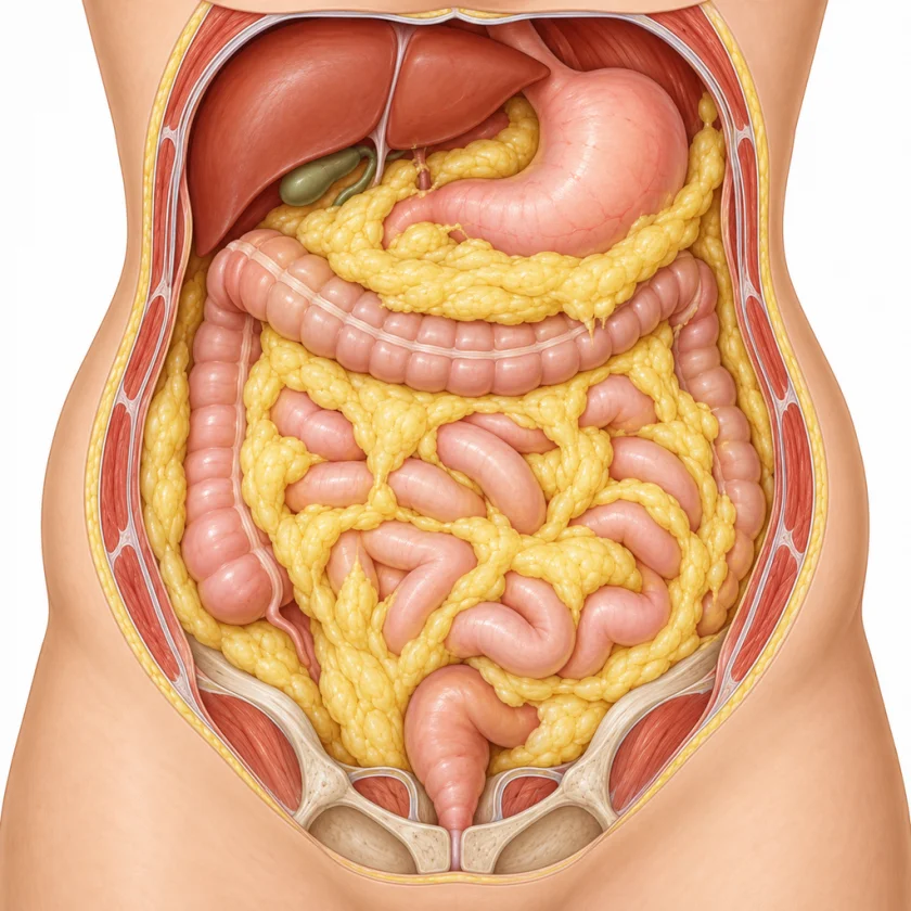Cutaway illustration of the abdomen showing visceral fat around the organs