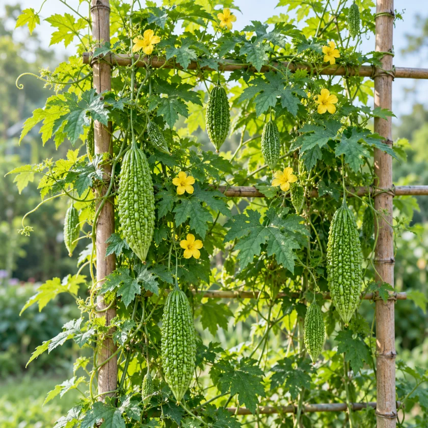 Bitter melon vine on a trellis with warty green fruits, lobed leaves and yellow flowers