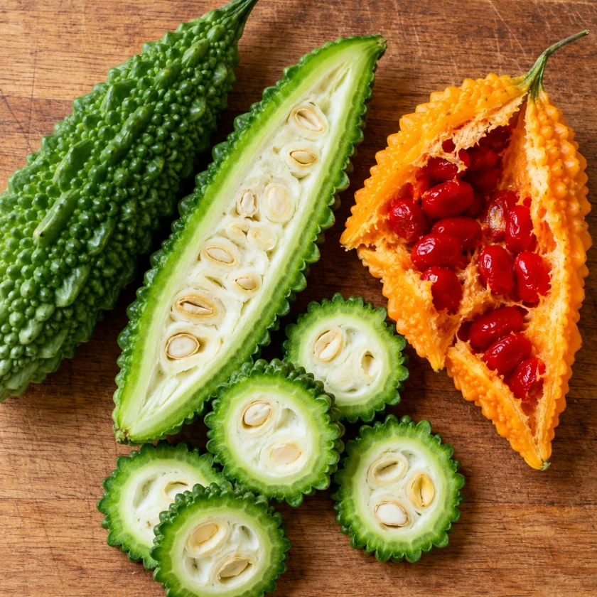 Sliced green bitter melon showing pith and seeds beside a ripe orange fruit with red seed arils