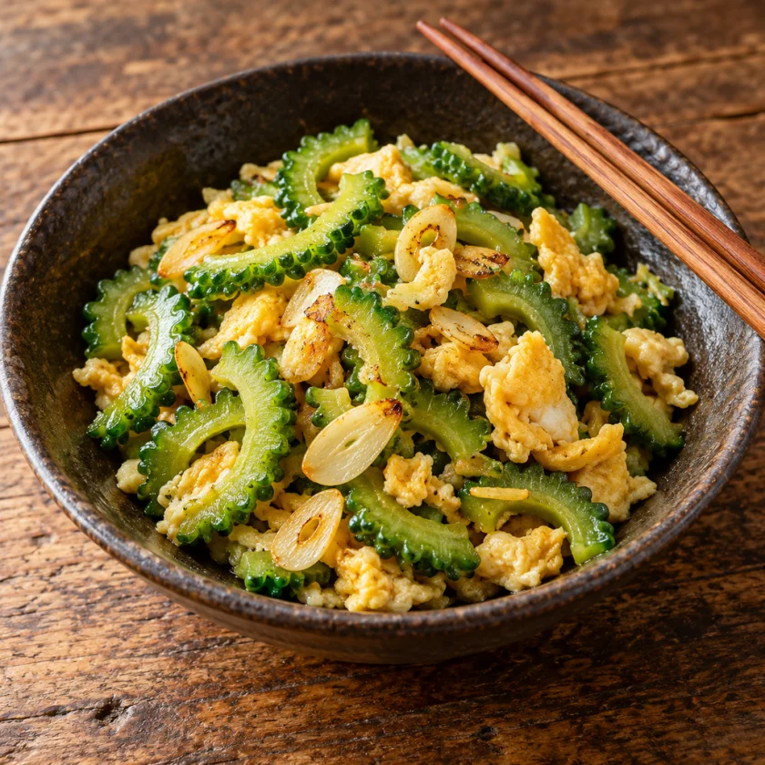 Bowl of stir-fried bitter melon crescents with egg and garlic