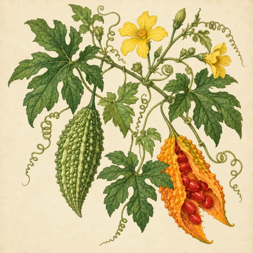 Antique-style hand-coloured botanical engraving of a bitter melon vine and fruits