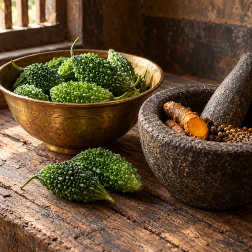 Small spiky karela bitter melons with a brass bowl, mortar and spices