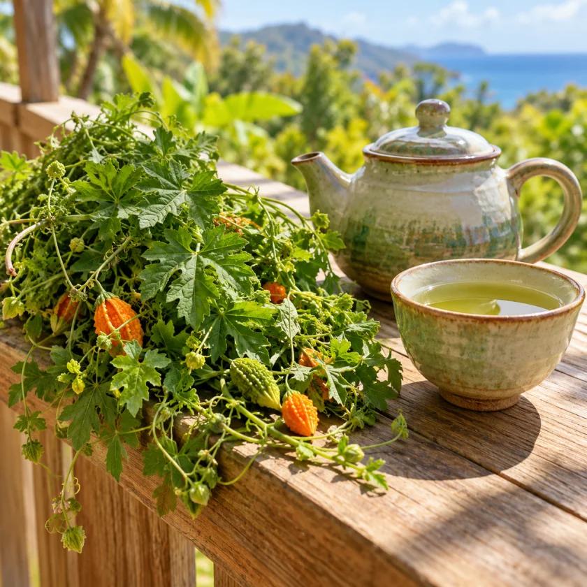Bundle of wild cerasee vine beside a teapot and a cup of green tea
