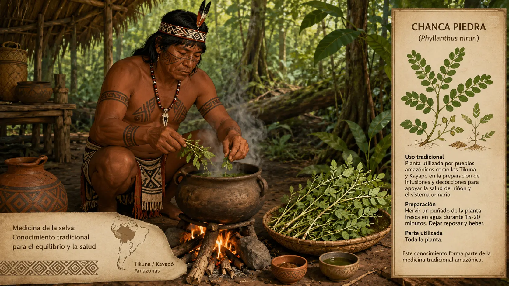 Amazonian indigenous healer preparing chanca piedra decoction