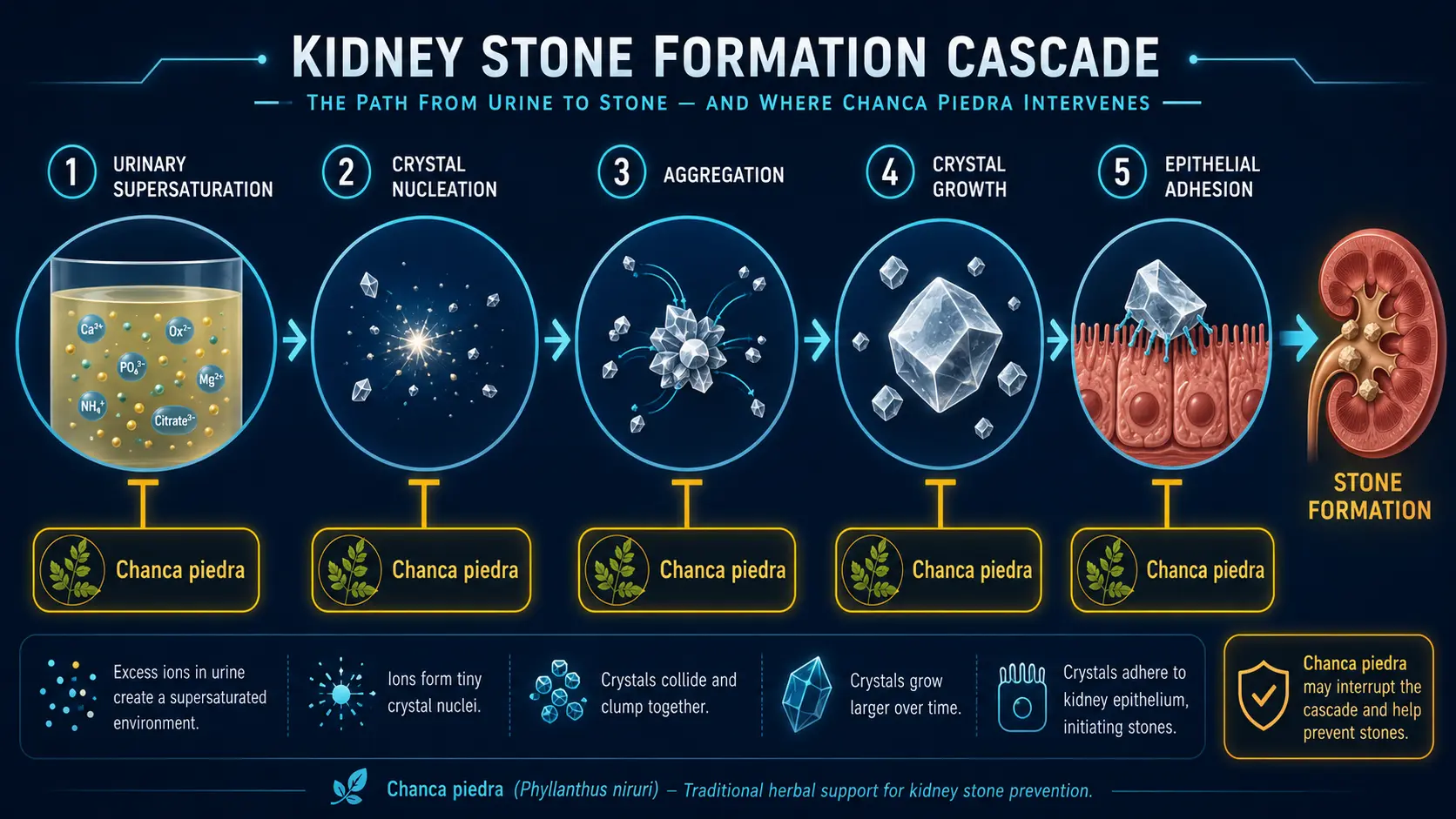 Five-stage kidney stone formation cascade with chanca piedra intervention points