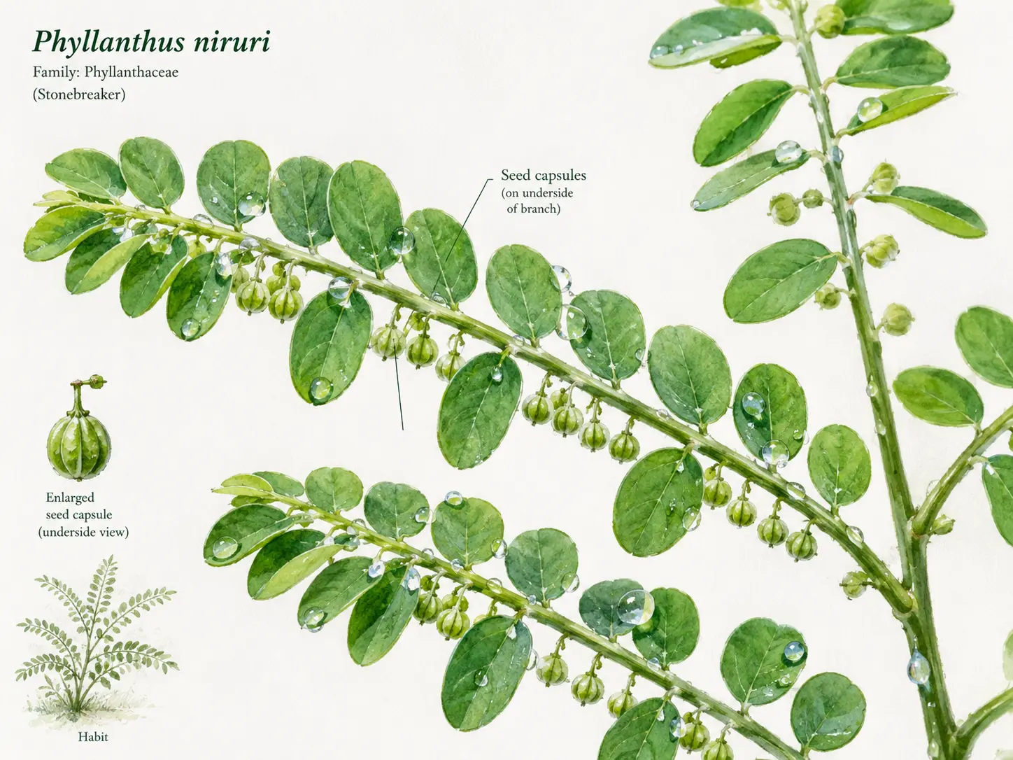 Phyllanthus niruri macro: feathery stems with seed capsules under each leaf