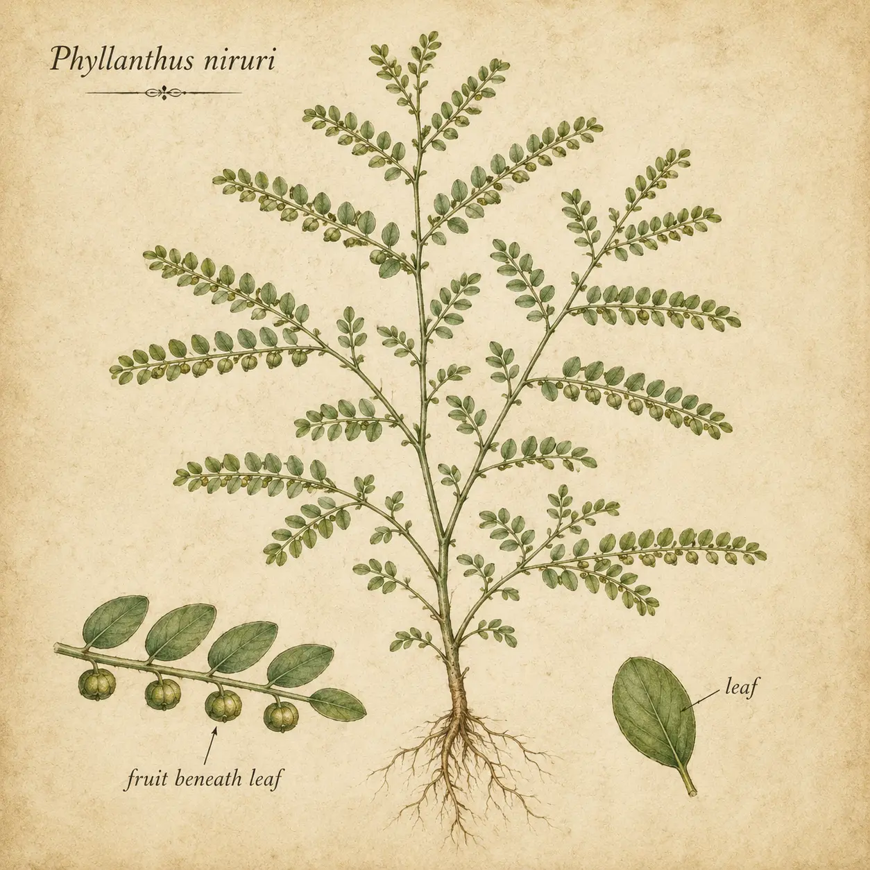 Phyllanthus niruri whole-plant botanical illustration