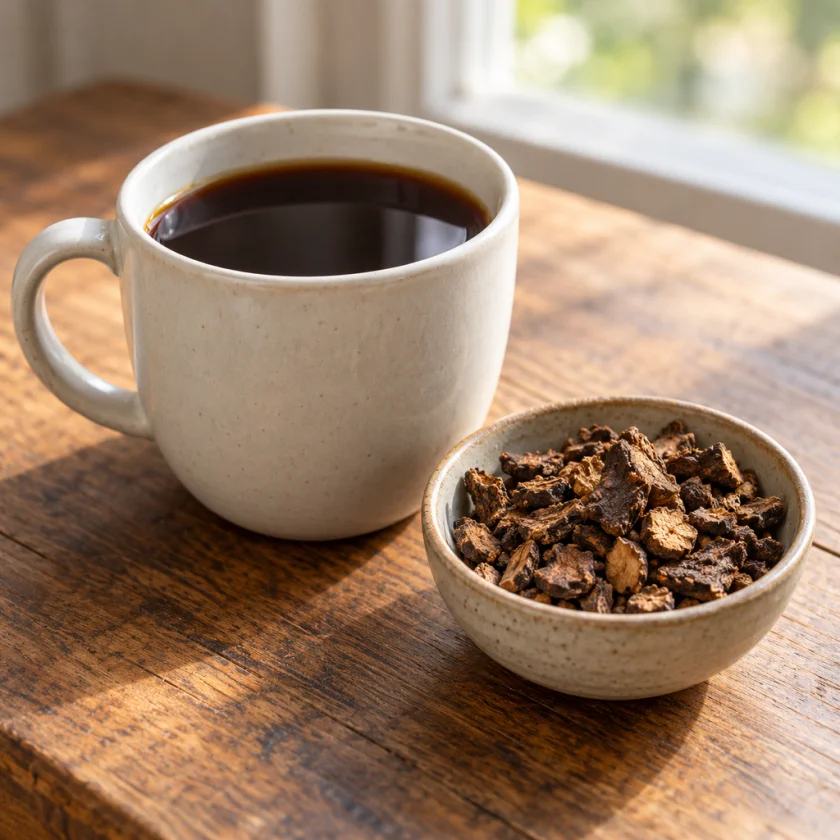 Roasted dandelion root, brewed like coffee