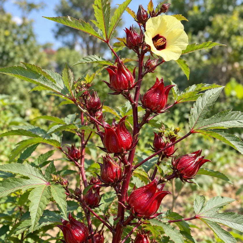 A roselle plant heavy with red calyces