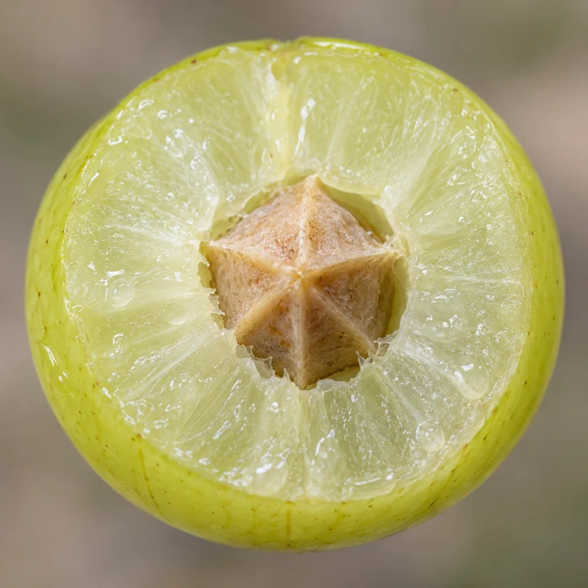 Amla cut open, showing its flesh and stone