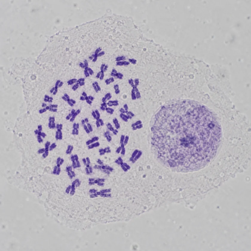 Chromosomes from a dividing cell, each capped by telomeres at its tips