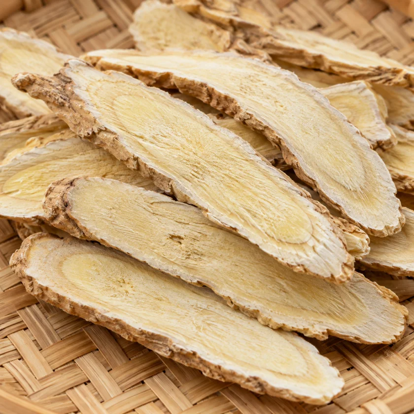 Dried astragalus root slices, the form sold as huang qi