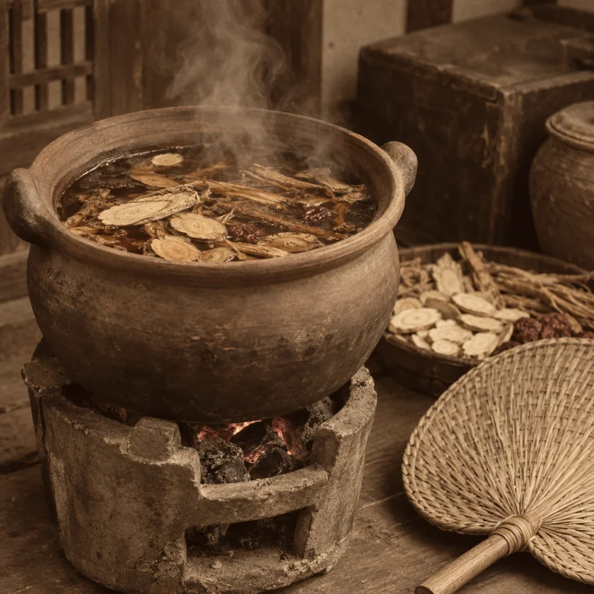 A clay-pot decoction, the classical way of preparing the root