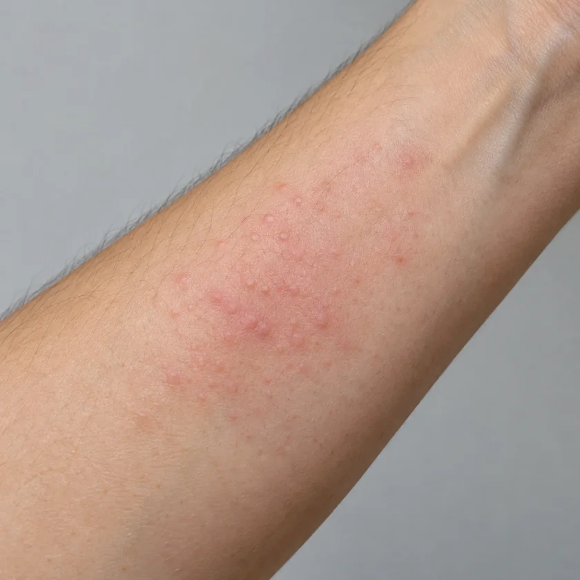 A mild skin rash, one type of allergic reaction reported