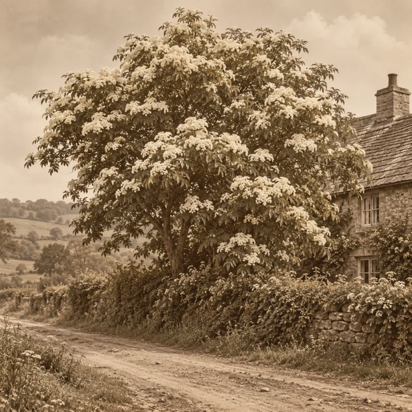 An elder tree in a country hedgerow