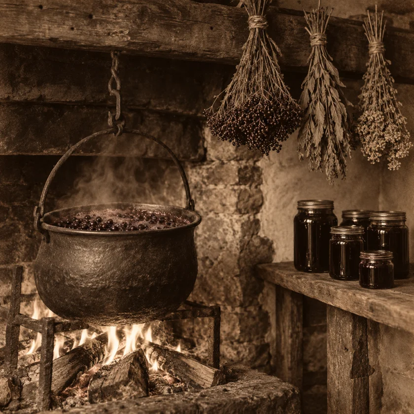 Elderberries cooked into syrup in an old country kitchen