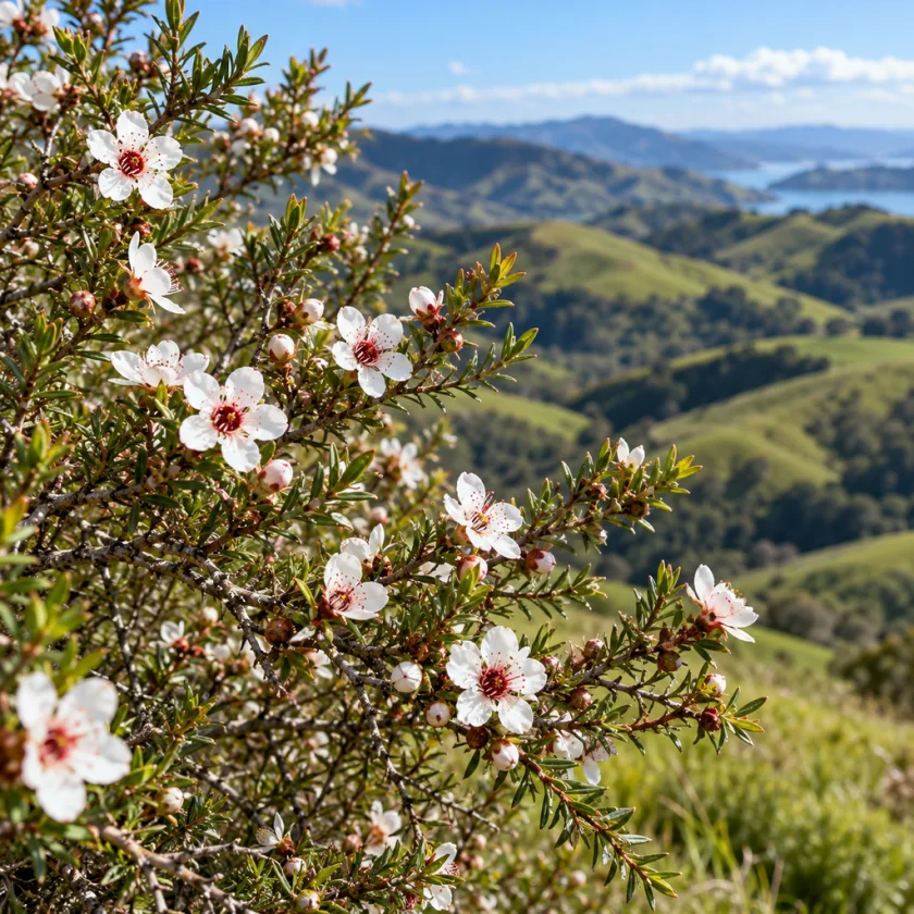 Manuka, Leptospermum scoparium, flowering in New Zealand